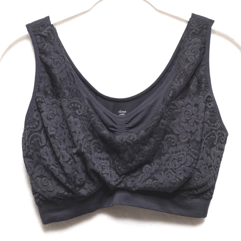 SOMA Enbliss Lace Front Floral Bralette Wireless Bra Feminine Romantic Black L